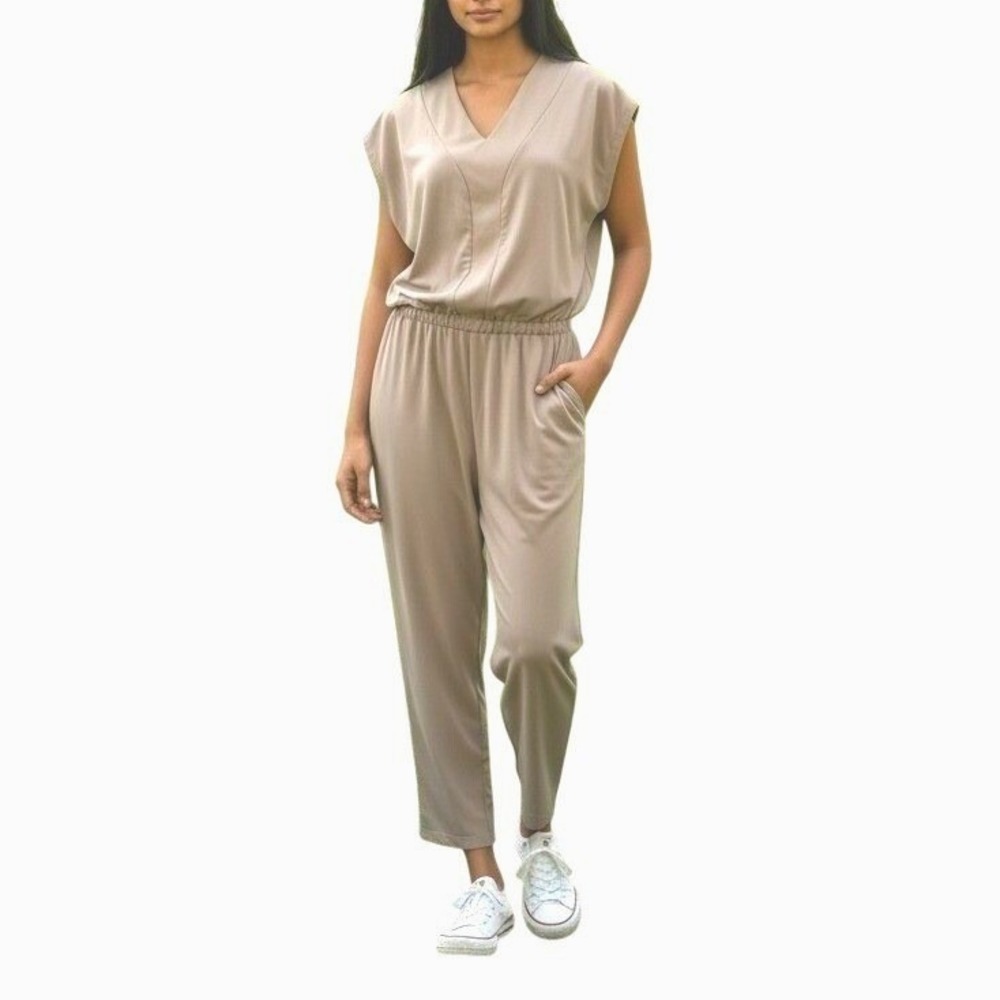 Long Taupe Jumpsuit V-Neck Drawstring Waist By Indygena Esi Sz M‎ Modern Neutral